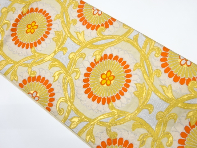 JAPANESE KIMONO / ANTIQUE FUKURO OBI / SILK / WOVEN KIKU ARABESQUE